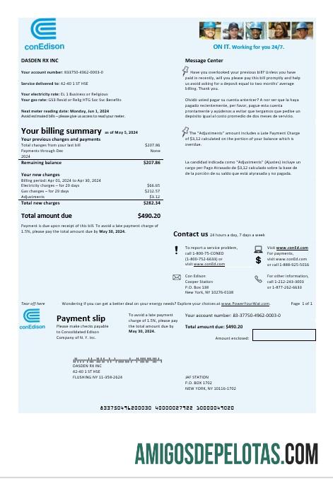 Para baixar modelo de conta de serviço público de eletricidade da USA Con Edison Electricity em formatos Word e PDF